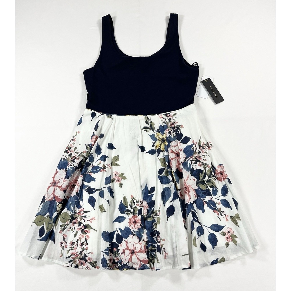 City Studio New With Tags Floral Fit And Flare Dress Navy White Sleeveless Large